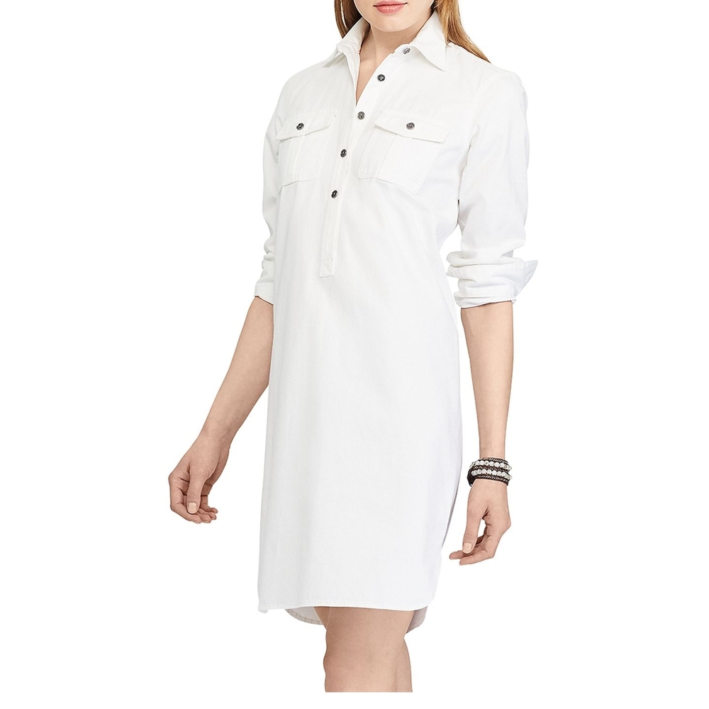 Chaps White Long Sleeve Shirt Dress with Notched Collar